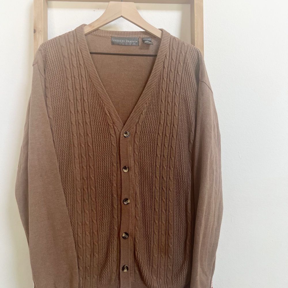 Oscar de la Renta Men's Brown Cardigan Sweater, Preppy, Grandpa Core